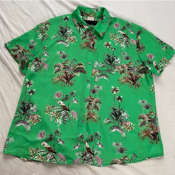 NWOT LE SUPERBE Green Shirt Tiger Giraffe Print Silk Size 4 - Picture 1 of 7